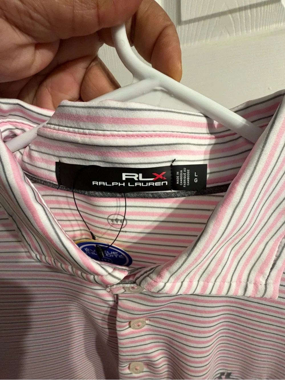 RLX Ralph Lauren Golf Polo Shirt Pink Stripe UV Protection Size Large